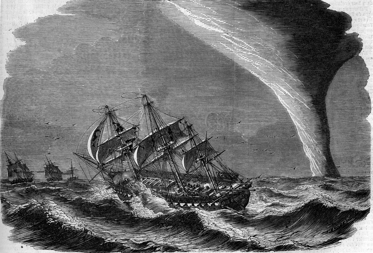 Meteorologisch fenomeen: een waterhoos op zee. Gravure door Linton in "The Illustrous World" nr. 49 van 20 maart 1858. door Unknown artist