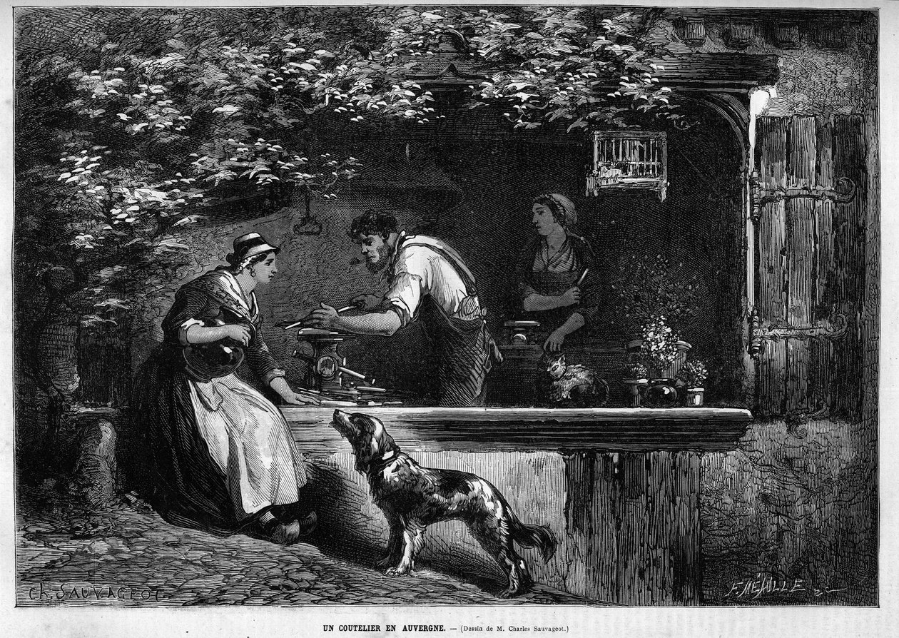 Beroep en ambachtsman: een messenmaker in Auvergne. Gravure in 