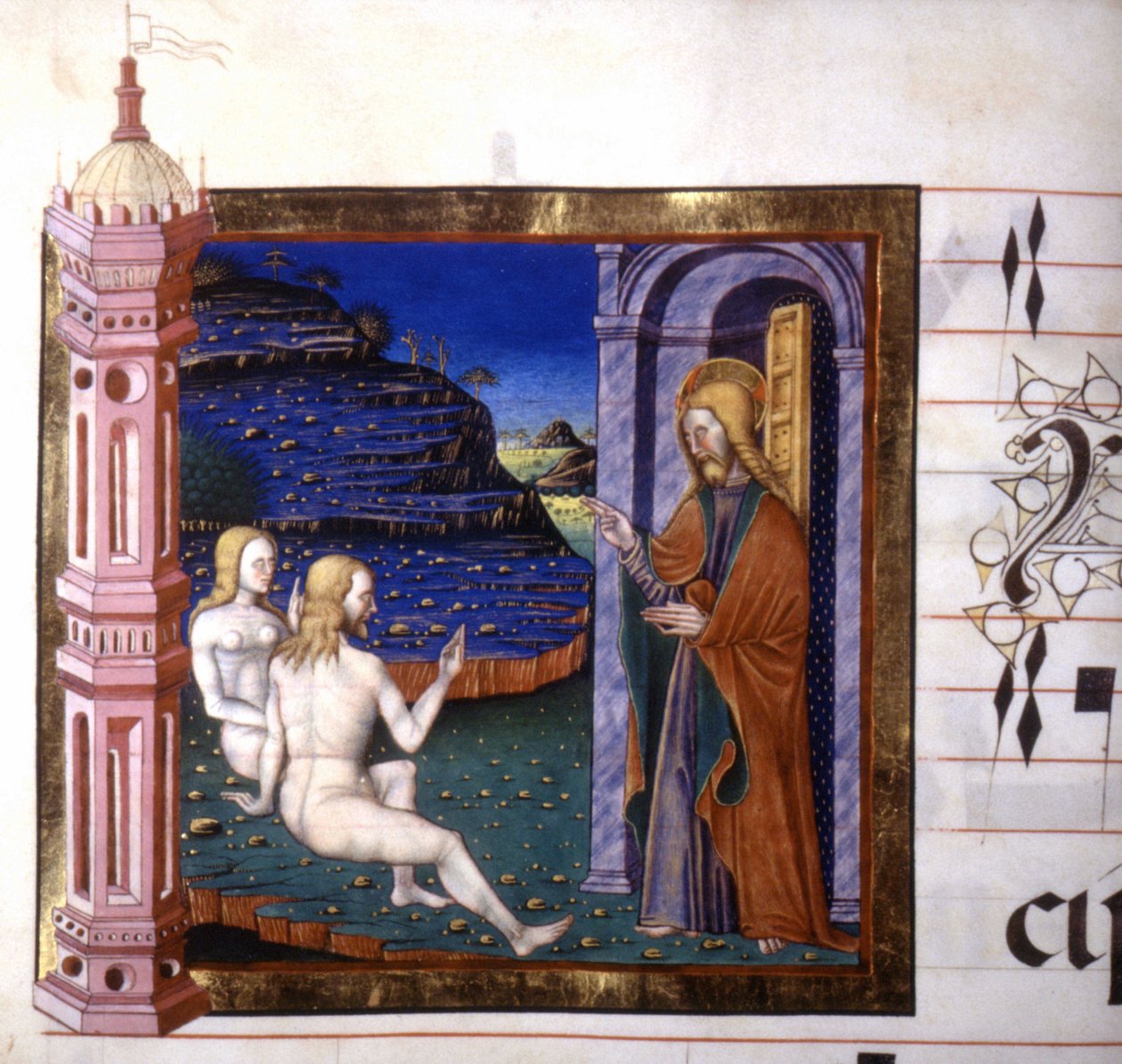 Miniatuur die de schepping van Adam en Eva door God voorstelt. Antifonarium. 15e eeuw. Bibliotheek van Lodi door Unknown artist