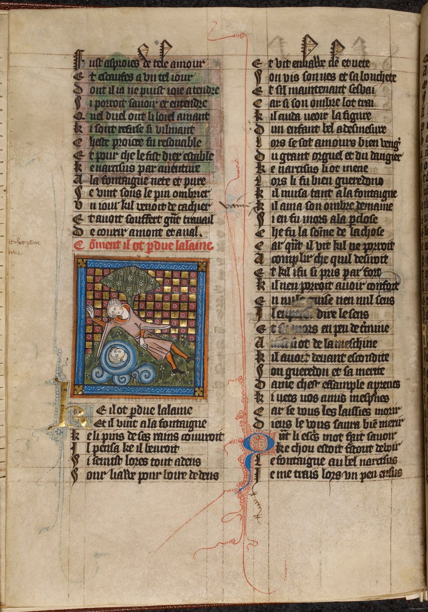 Miniatuur van Narcissus die zijn spiegelbeeld bewondert in een fontein, uit 