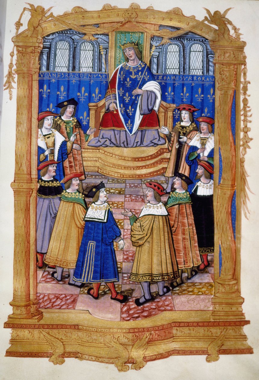 Miniatuur uit de 15e of 16e eeuw die Lodewijk XI (1423-1483) en de ridders van de Orde van Sint-Michiel afbeeldt. door Unknown artist