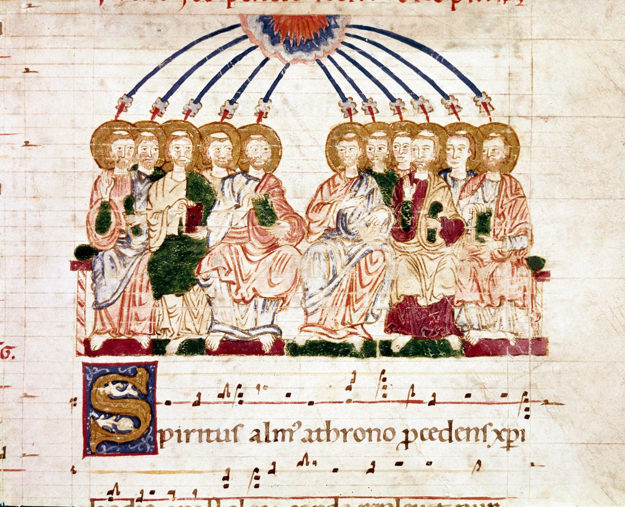 Miniatuur pinksteren uit een graduale antiphonary (tropair) (ms. 65) 12e eeuw Plaisance, Biblioteca Capitolare door Unknown artist