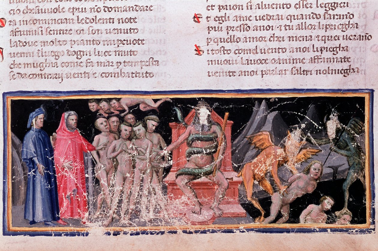 Minos beoordeelt de overtredingen en stuurt de zielen (lied 5 van de Hel, in de Goddelijke Komedie) door Unknown artist