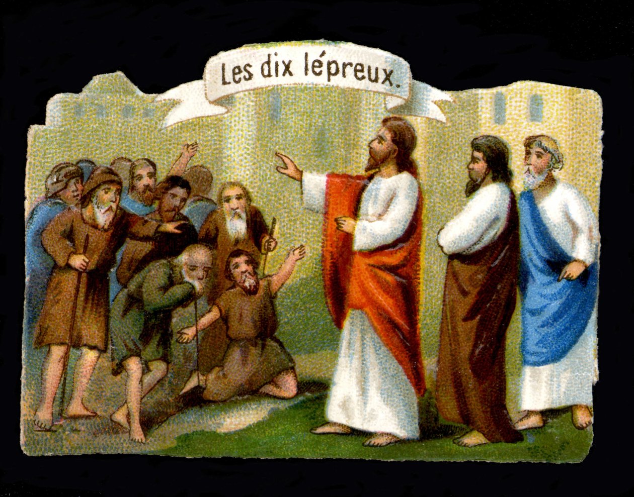 Wonderen van Jezus. Christus geneest de melaatsen. 19e-eeuwse chromolithografie door Unknown artist