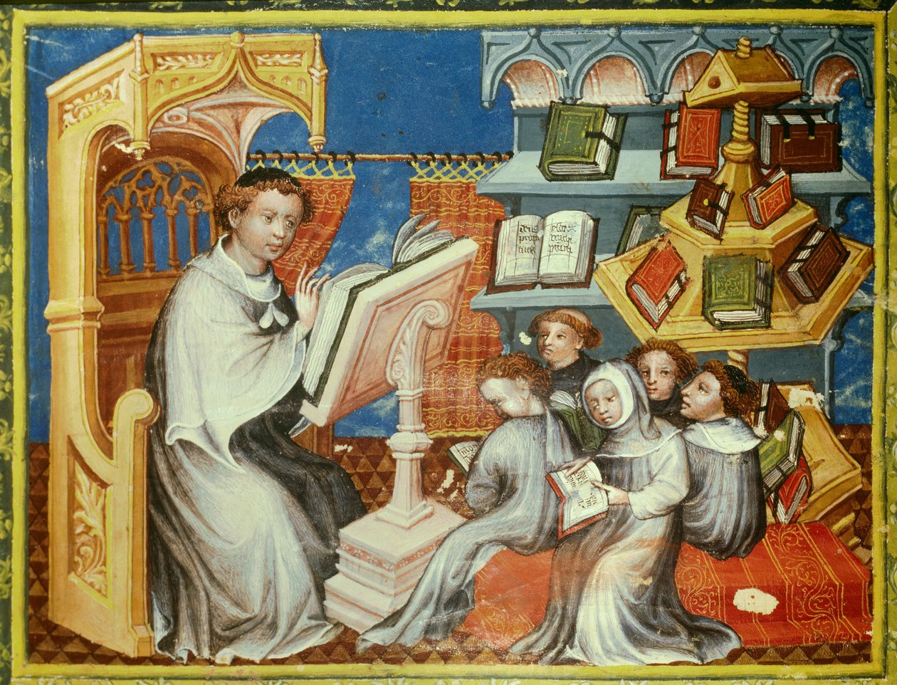 Kloosterschool van het klooster van de heremieten van Sint-Augustinus in Parijs: een monnik op een preekstoel leest een les met tieners met tonsuren maar ook met leken. Rechts een poundwiel. Miniatuur in 