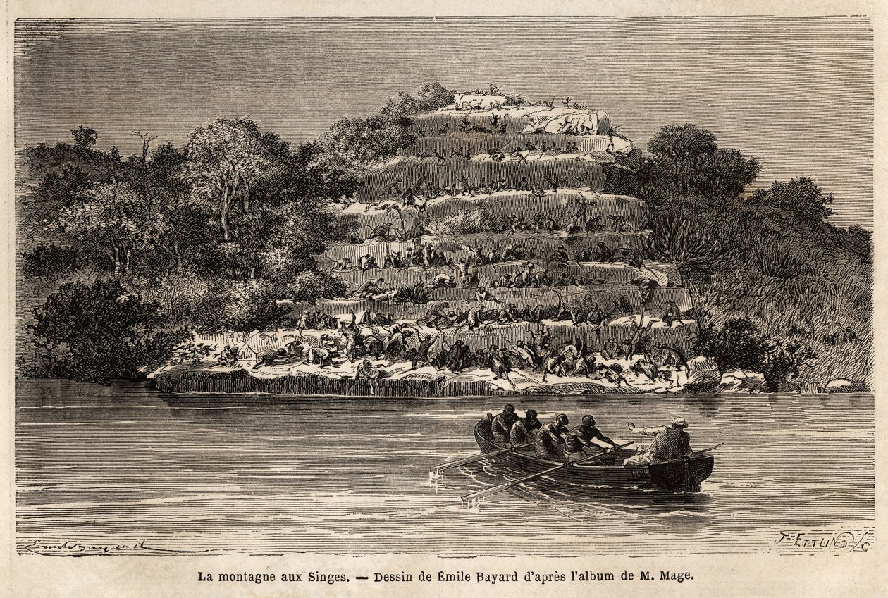 Apenberg, langs de Senegalrivier, kort na de Gouina-watervallen (Mali). Gravure ter illustratie van het verhaal van de reis van luitenant Mage in West-Soedan tussen 1863 en 1866, gepubliceerd in 