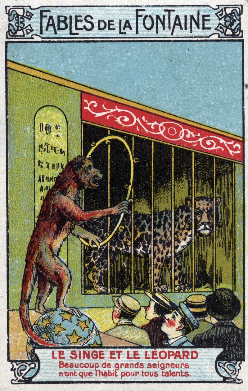Aap en Luipaard - Fabels van Jean de La Fontaine (1621-95) - Chromolithografie eind 19e eeuw Privécollectie door Unknown artist