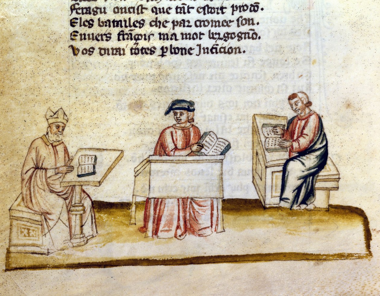Monniken studeren in een klooster, miniatuur manuscript door Unknown artist