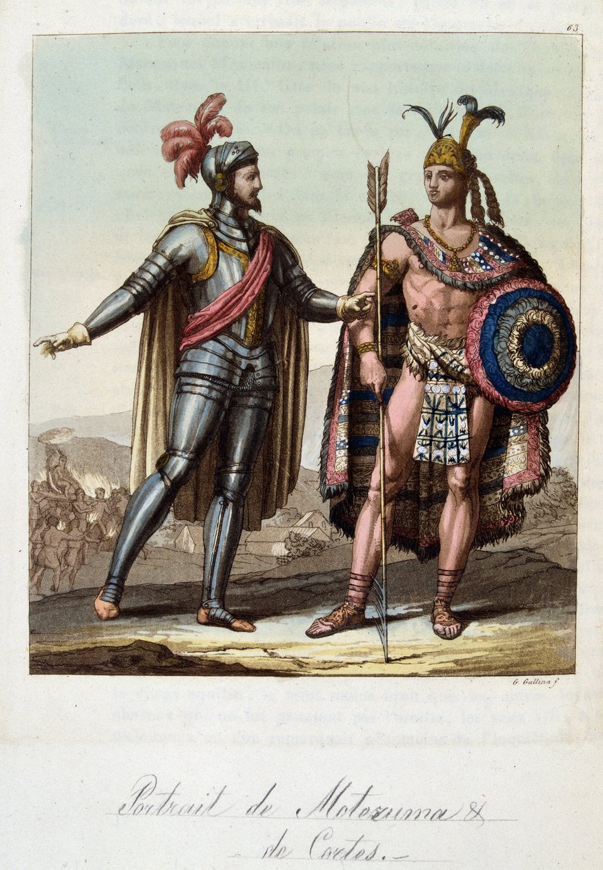 Montezuma II, Azteekse koning, en Hernan Cortes, Spaanse conquistador - in 