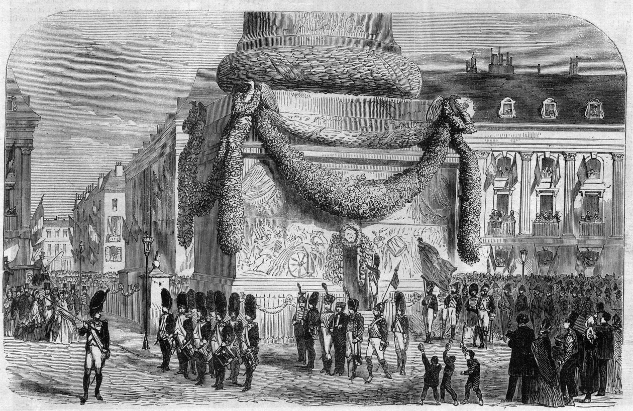Ochtend van het nationale feest van 15 augustus 1864 aan de voet van de zuil van Place Vendôme in Parijs. Gravure in 