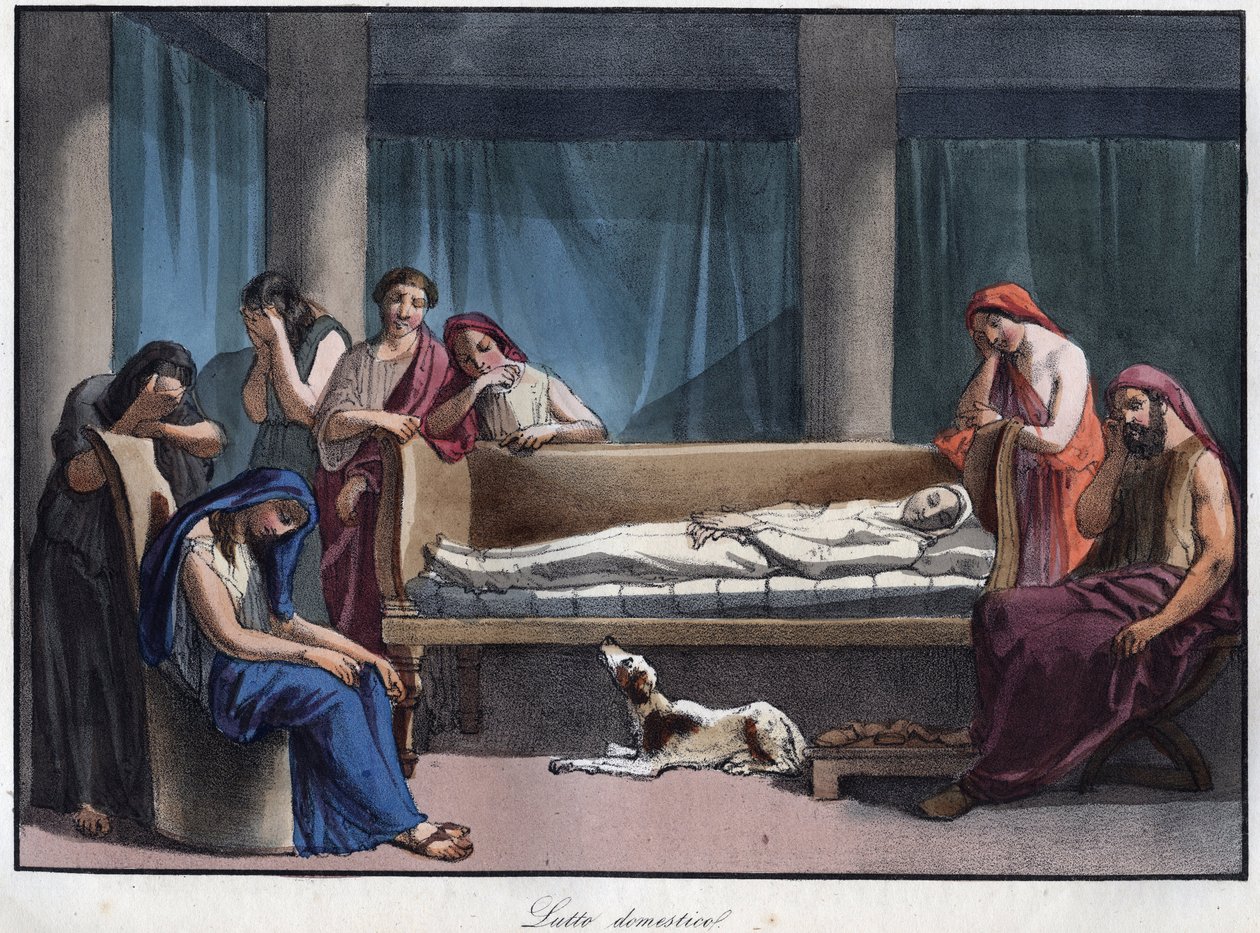 Rouw in een Romeins huis - gravure uit 