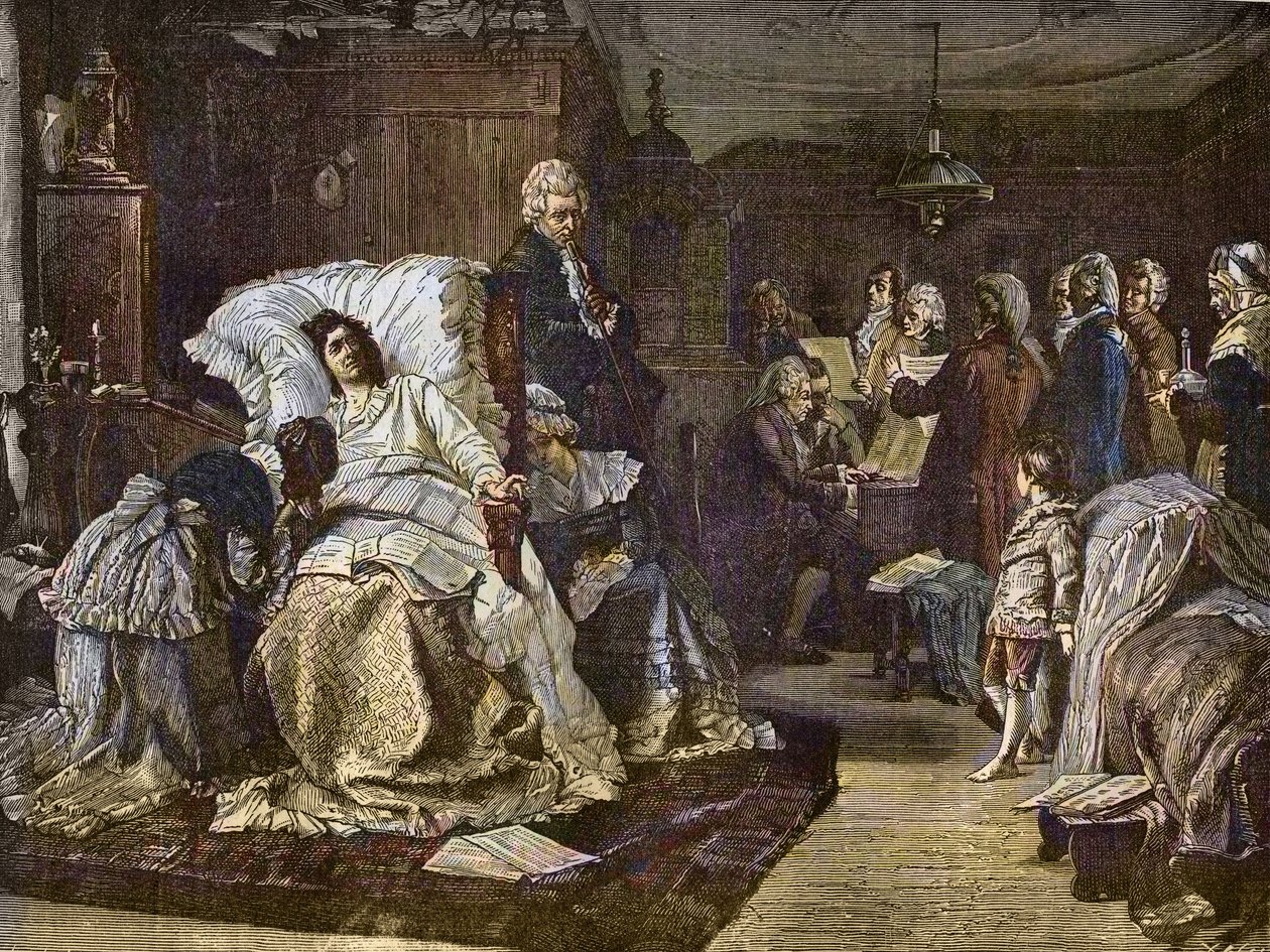 Mozarts laatste dagen naar het schilderij van Hermann Kaulbach (1846-1909) - Gli ultimi momenti di Mozart - laatste dag van Wolfgang Amadeus Mozart - gravure in 