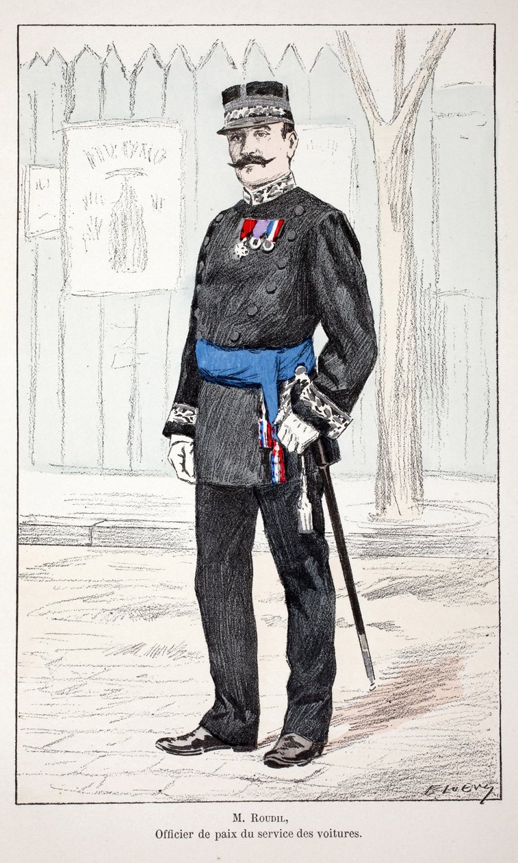 Mr. Roudil, vredesofficier van de autodienst. Kleurgravure, ter illustratie van 
