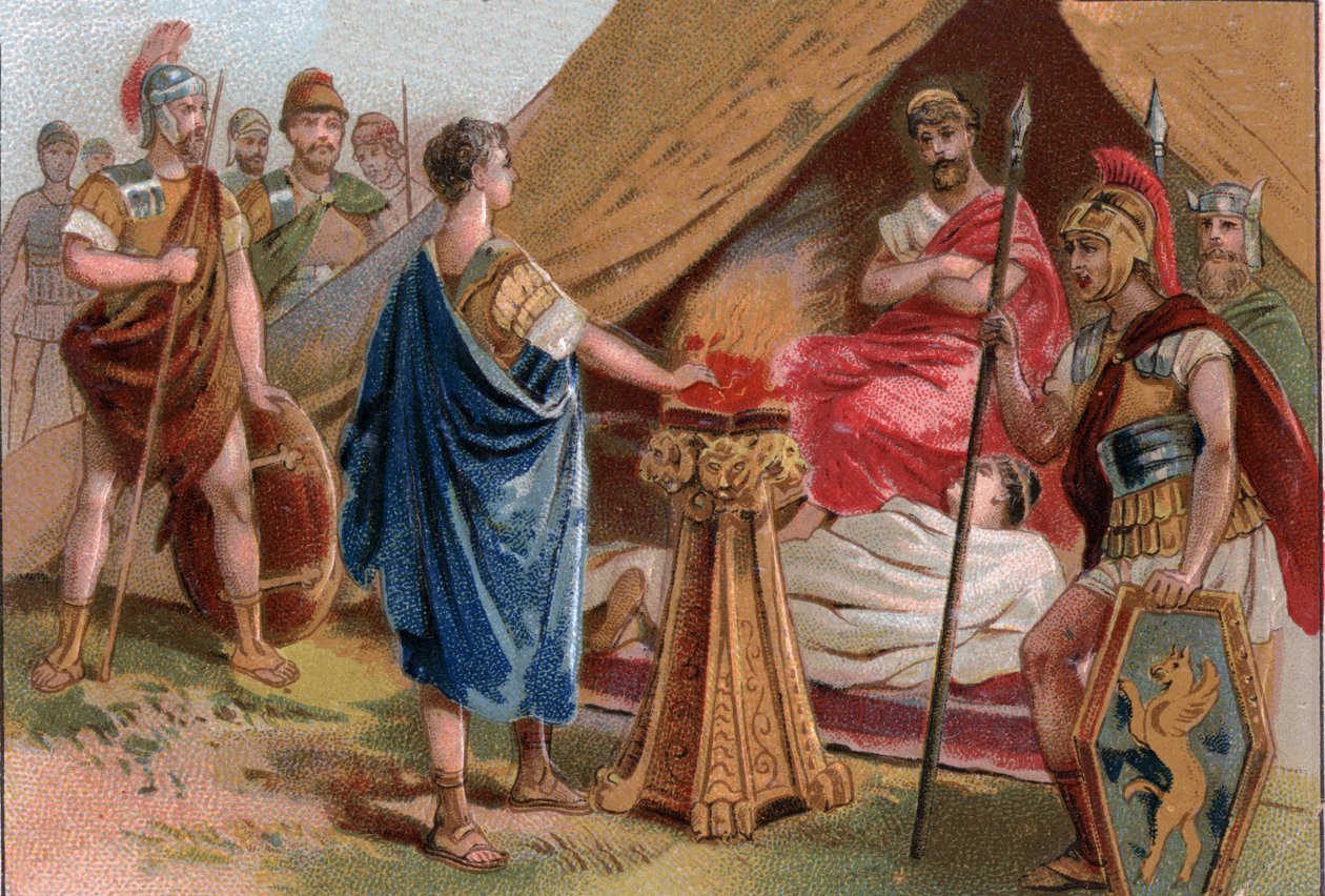Mucius Scaevola voor Porsenna. Caius Mucius Scaevola, een jonge Romeinse patriciër, gevangen genomen door de koninklijke garde van Porsenna. door Unknown artist