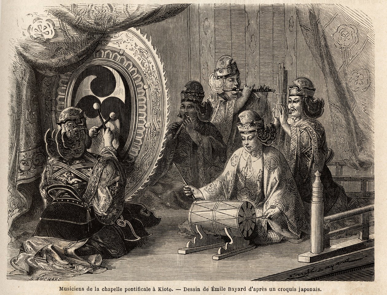 Muzikanten van de pauselijke kapel in Kyoto (of Kioto), spelen vijf heilige instrumenten, dwarsfluit en panfluit, zeeschelp, timpani en kakdaiko, de originele gong. Gravure ter illustratie van de reis naar Japan in 1863-1864, door Aime Humbert, minister va door Unknown artist
