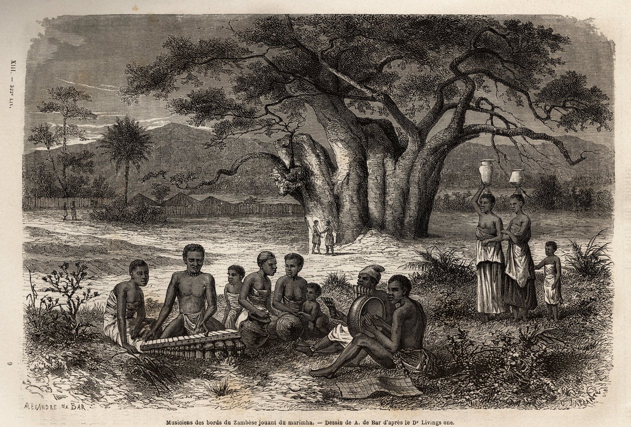 Muzikanten die marimba spelen (een mengeling van balafon en precolumbiaanse instrumenten) aan de oevers van de Zambezi-rivier. Gravure ter illustratie van Dr. Livingstone