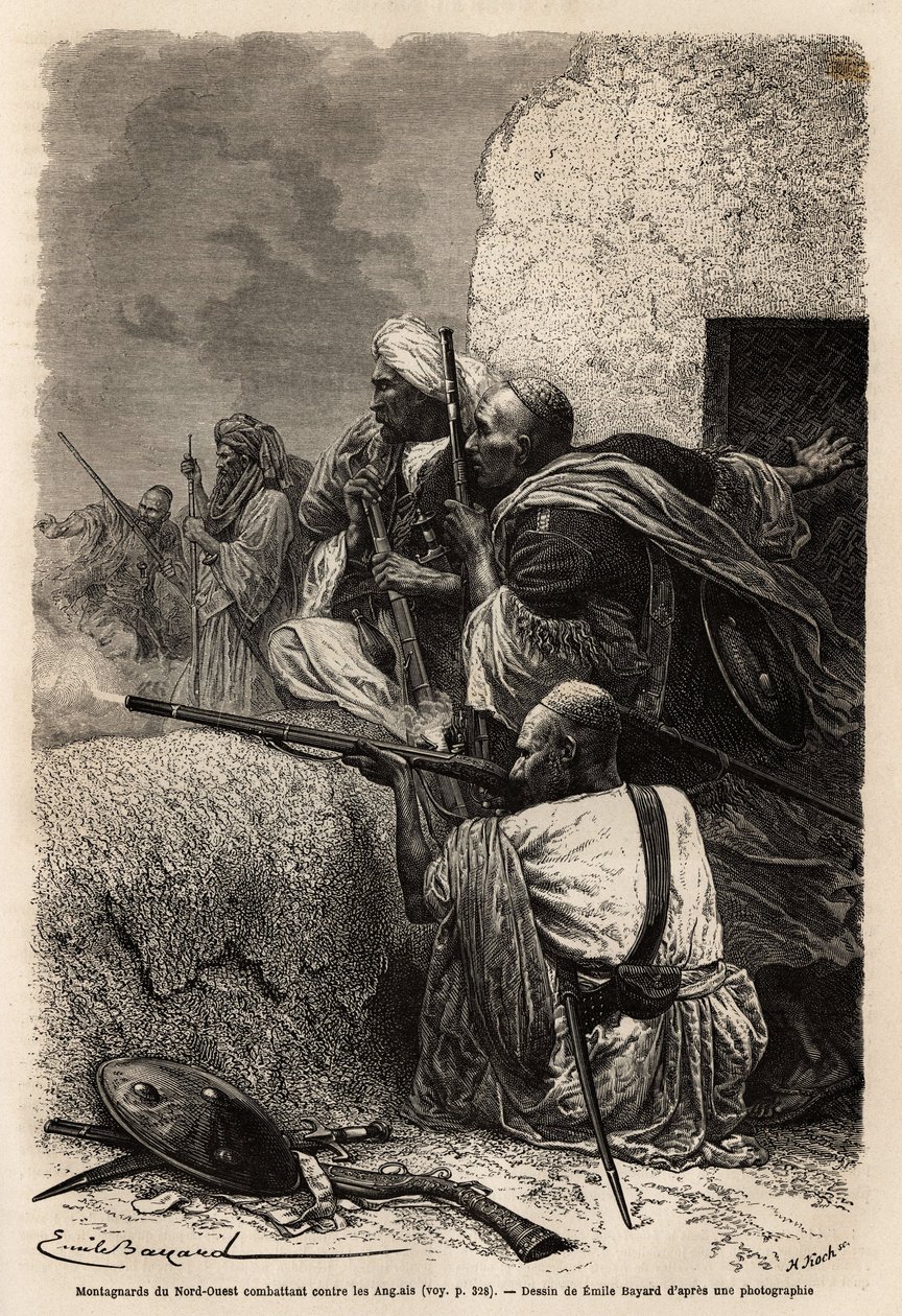 Moslimbergers hervestigd in de bergen van Svat, vechtend tegen een Engelse expeditie in 1863 om de plundering van dorpen in de regio te stoppen. Gravure ter illustratie van het verhaal van Pandjab en Kasjmir, door Guillaume Lejean in 1866, gepubliceerd in door Unknown artist