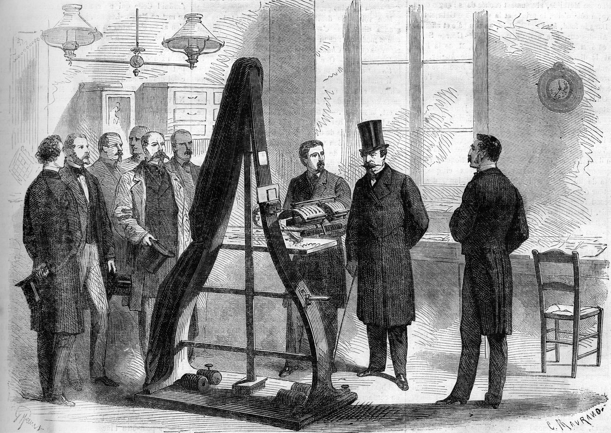 Napoleon III bezocht de kantoren van de elektrische telegraaf bij het Ministerie van Binnenlandse Zaken in 1866 door Unknown artist