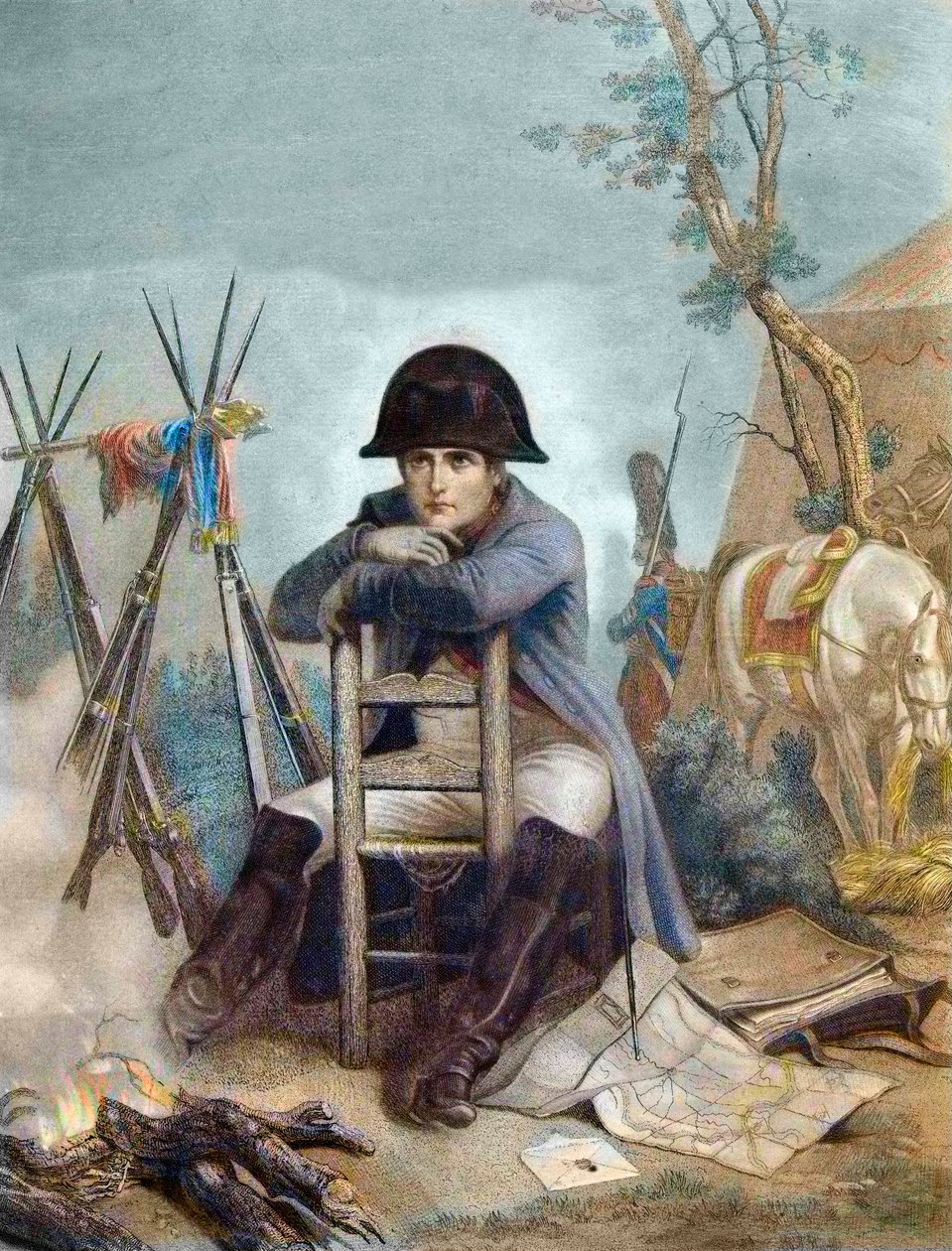Napoleon bij het Bivak de avond voor de Slag bij Austerlitz - gravure door Philippoteaux - Napoleon bij het Bivak. De Slag bij Austerlitz (1805), ook bekend als de Slag van de Drie Keizers door Unknown artist