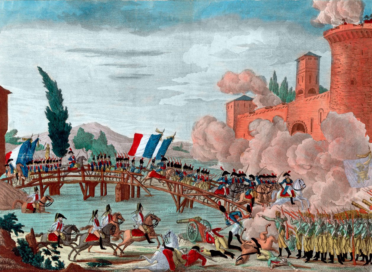 Napoleon leidt zijn leger over de brug bij Lodi - Napoleon tijdens de slag en passage van de brug van Lodi in 1796 - Passage van de brug van Lodi in Italië door het Republikeins-Franse leger onder leiding van generaal Napoleon Bonaparte door Unknown artist