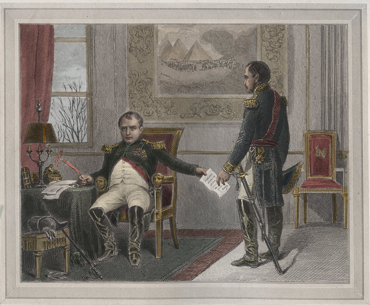 Napoleon ondertekent zijn abdicatie 1814 - Napoleon Bonaparte (1769-1821) in Fontainebleau tijdens zijn eerste abdicatie, ondertekend in april 1814 Gravure in 