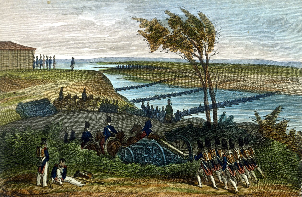 Napoleontische oorlog: Russische campagne. Oversteek van de rivier Niemen (Dnjemen) op 24/06/1812, die de twee rijken scheidt. Gravure uit de 19e eeuw door Unknown artist