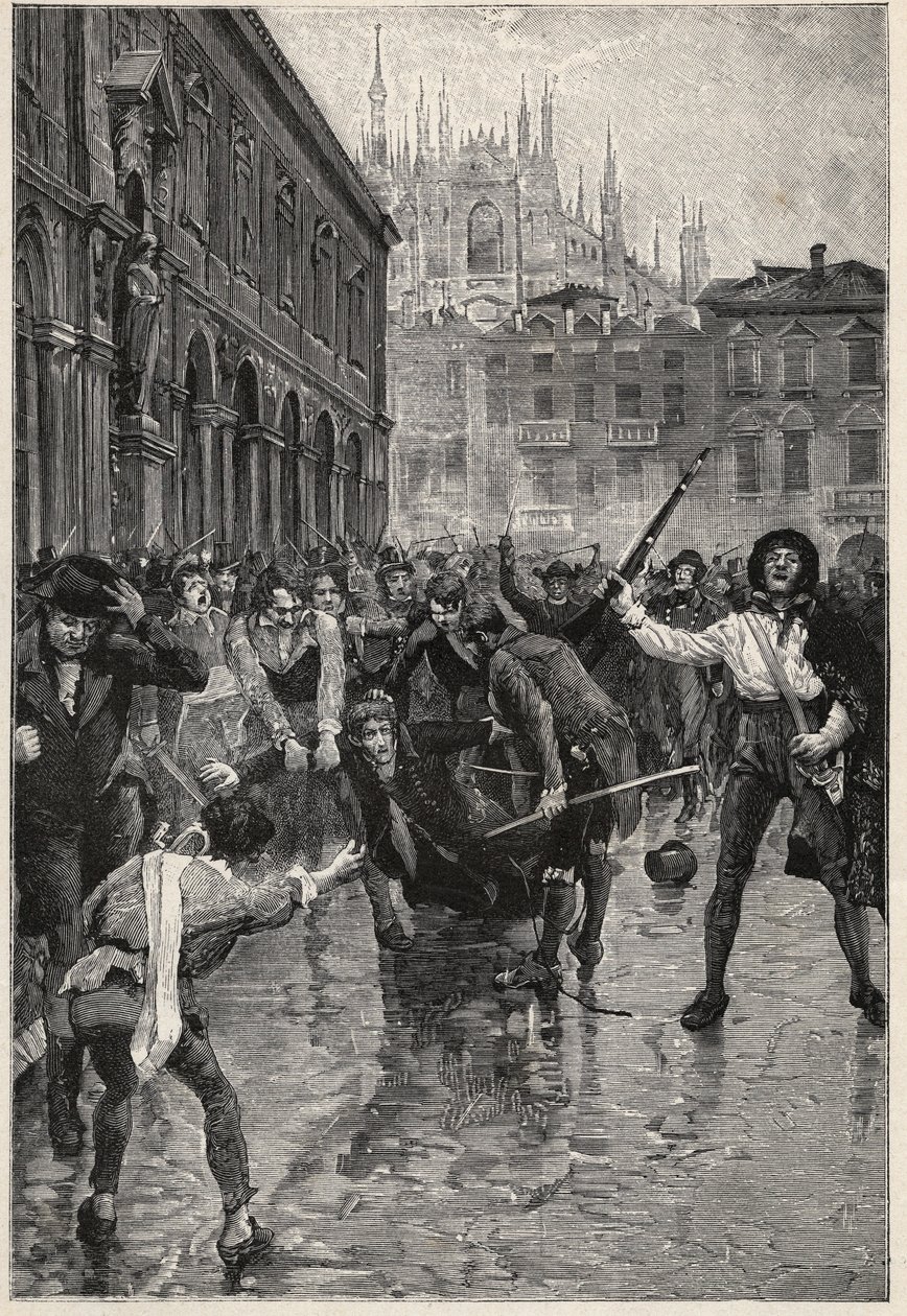 Napoleons abdicatie veroorzaakt rellen in Milaan, en Giuseppe Prina, de impopulaire minister van Financiën, wordt door de straten gesleept en uiteindelijk gedood door de menigte op Piazza San Fedele in Milaan, 20 april door Unknown artist