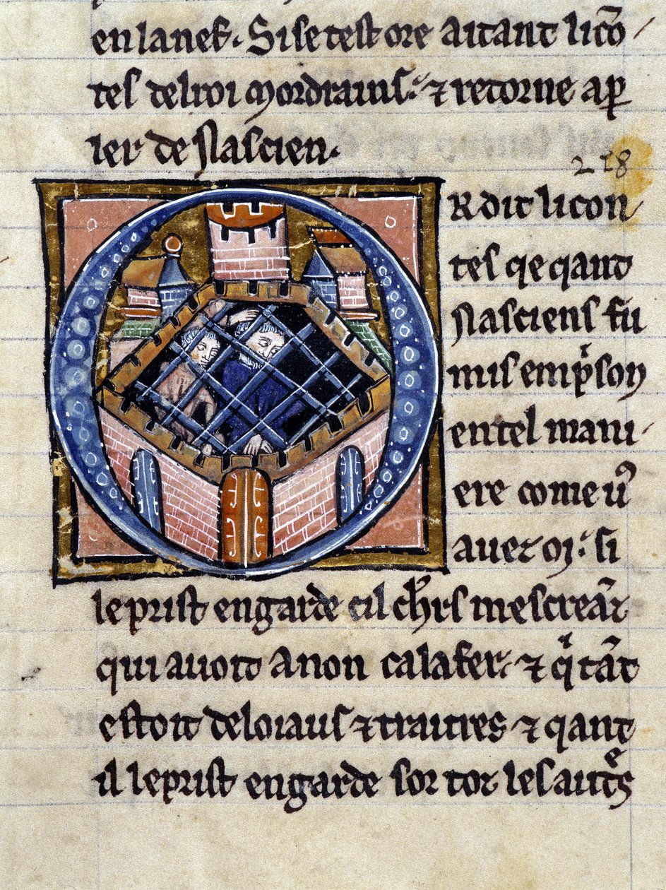 Nascion in de gevangenis. Manuscript: Verovering van de Heilige Graal, geschreven 717 jaar na de passie van onze heer. Bibliothèque municipale de Rennes, ms. 255 (Collectie van romans van de Ronde Tafel); Parijs door Unknown artist