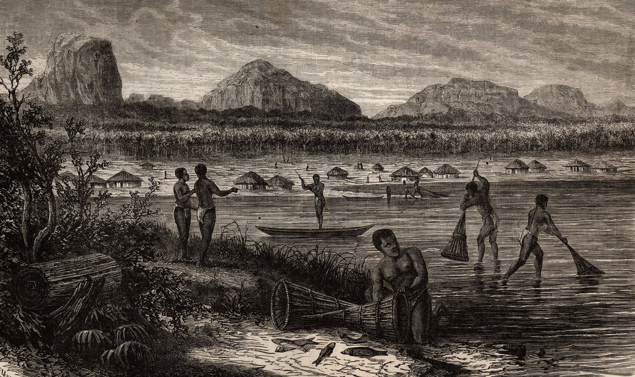 Bij de watervallen van de Rovuma (Mozambique), de visactiviteiten door Unknown artist