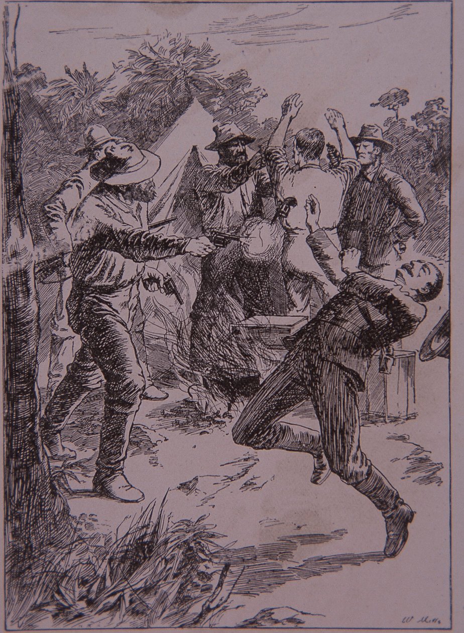 Ned Kelly doodt politieagent Lonigan bij Stringybark Creek in 1878 door Unknown artist