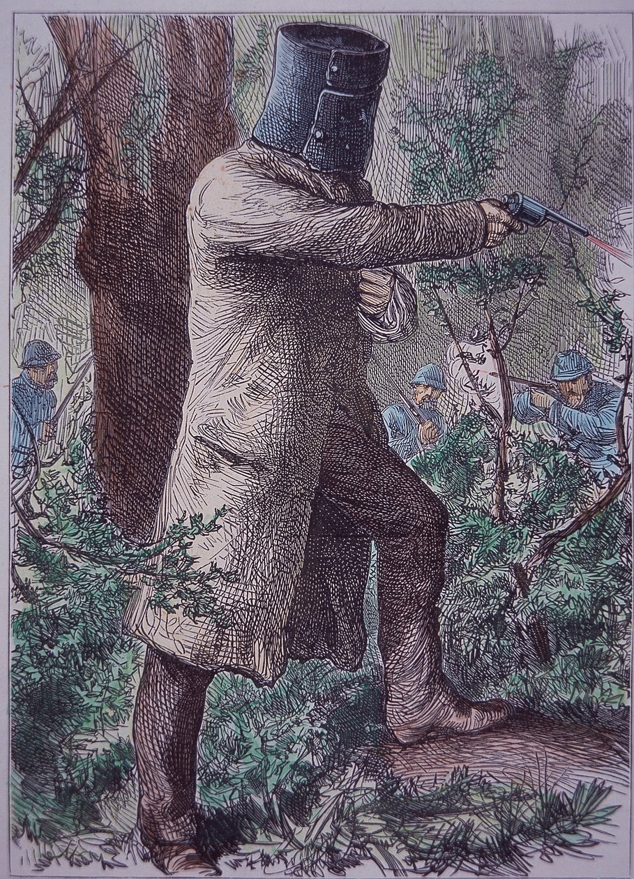 Ned Kelly, met zijn kenmerkende harnas, in de laatste confrontatie met de politie, 28 juni 1880 door Unknown artist