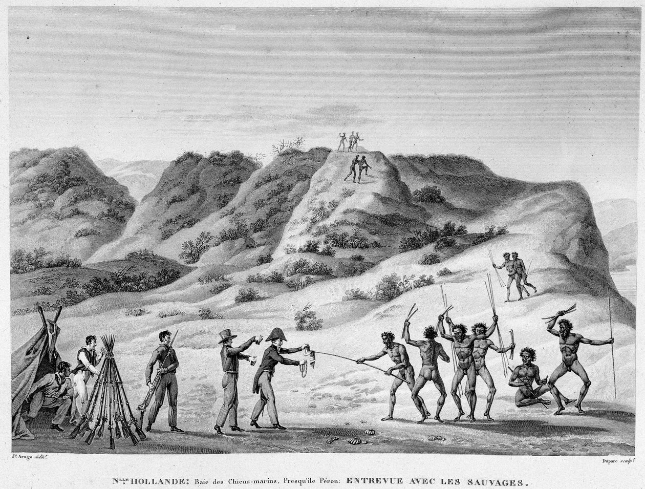 Nieuw-Holland, Baai van Marine Honden, Peron-schiereiland: ontmoeting met de Indianen (ontmoeting tussen Aboriginals en kolonisten) - gravure, begin 19e eeuw door Unknown artist
