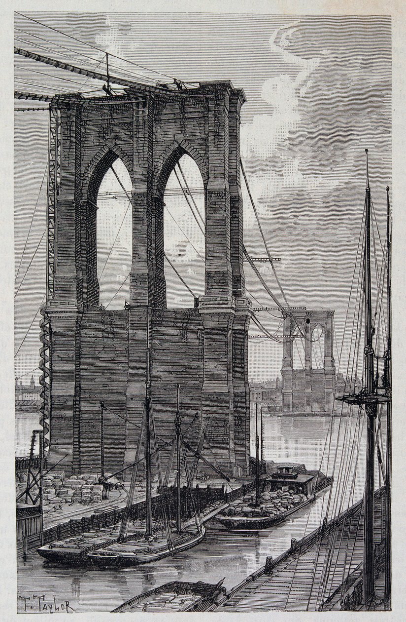 New York: Brooklyn Bridge pijlers in aanbouw - in "De Wereldreis", 2e semester 1881 door Unknown artist