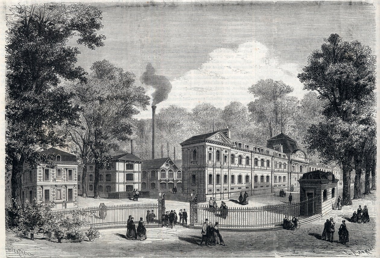 Nieuw gebouw van de keizerlijke porseleinfabriek in Sèvres in 1868. Gravure in 