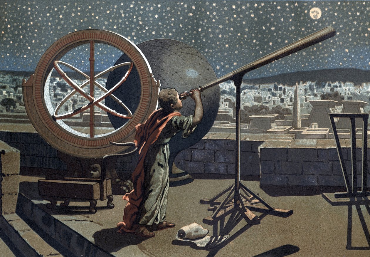 Hipparchus van Nicea (Hipparkhos) in het Alexandrijnse Observatorium, Griekse astronoom (in Bithynië, 2e eeuw v.Chr.) naar 