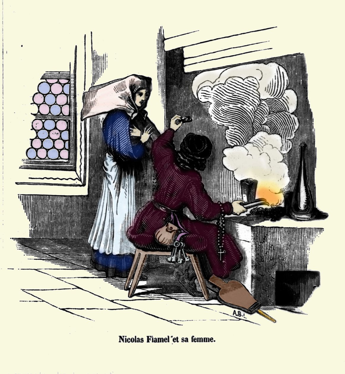 Nicolas Flamel (1330 - 1418) met zijn vrouw door Unknown artist
