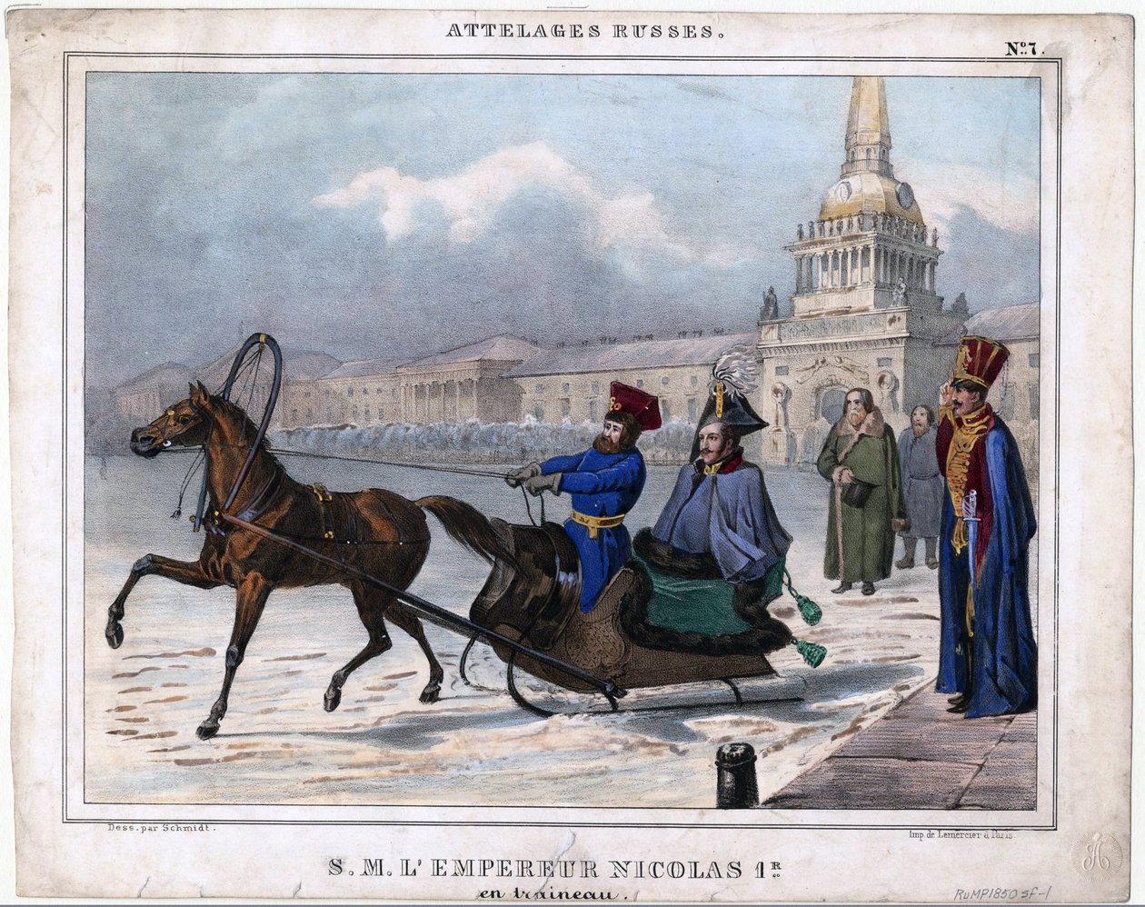 Nicolaas I in een slee - Anoniem - 1850 - Lithografie, aquarel - 21,3x26,8 - Privécollectie door Unknown artist