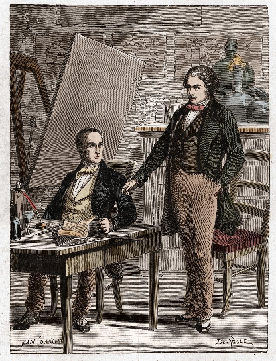 Niepce leest aan Louis Daguerre de beschrijving van Heliografie voor, voor het vastleggen van beelden uit camera obscura - Nicephore Niepce (1765-1833), Franse uitvinder, pionier van de fotografie leest aan Daguerre de beschrijving van zijn methode voor door Unknown artist