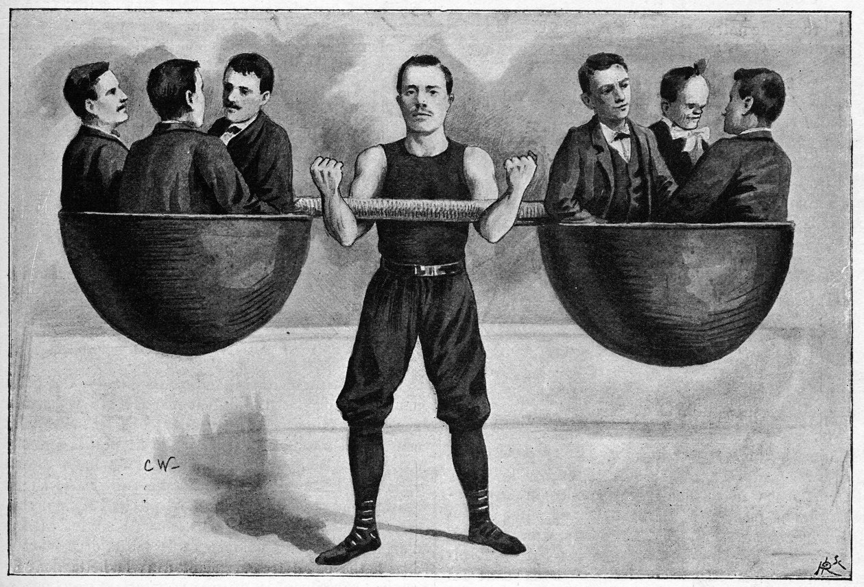 Nino jonge Italiaanse 24 jaar oud in het wintercircus draagt zes mannen in haar arm. Van een foto uit 1898 door Unknown artist