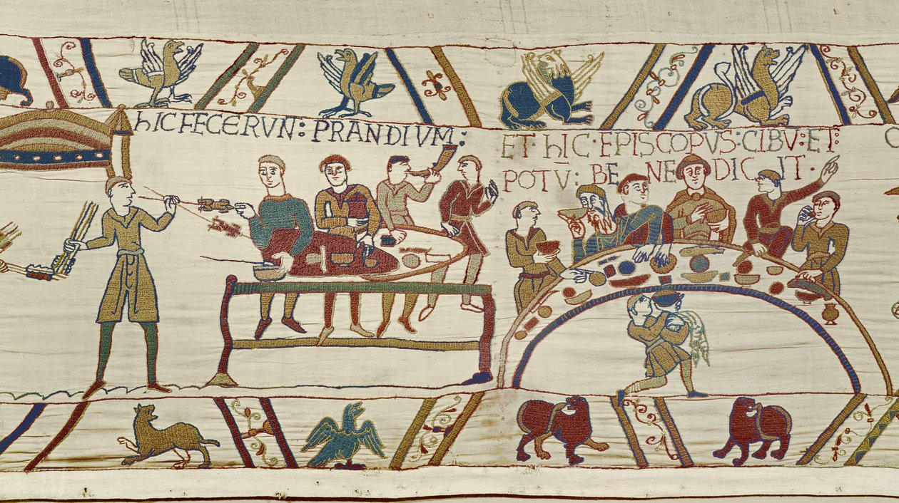 Normandische dienaren bereiden een banket voor Willem en bisschop Odo zegent de maaltijd, Tapijt van Bayeux door Unknown artist