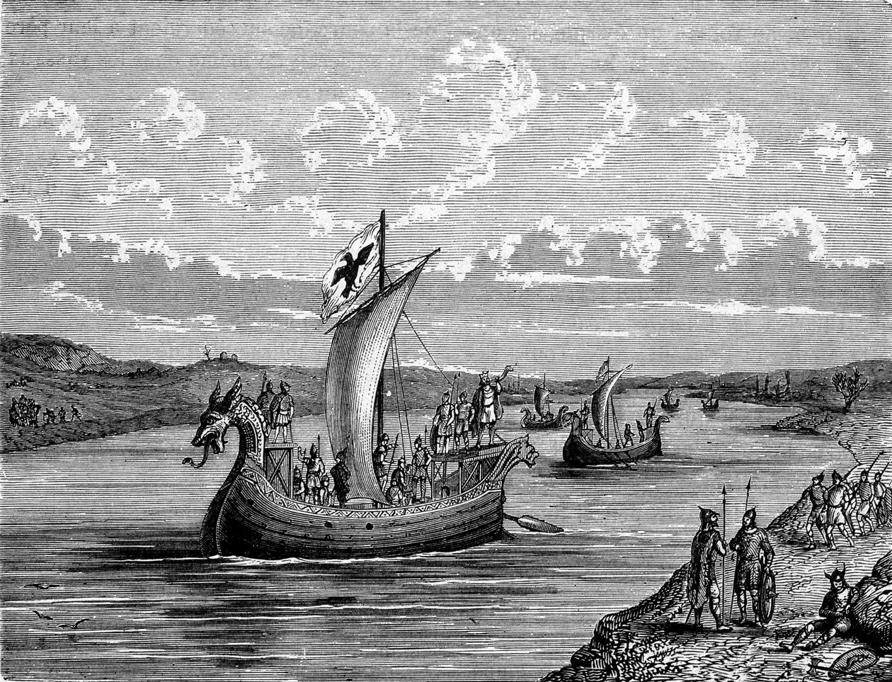 Normandische schepen varen een rivier op door Unknown artist