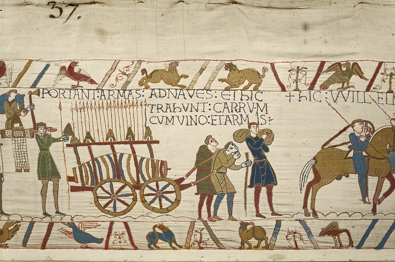 Normandiërs trekken een kar vol wijn en wapens, Tapijt van Bayeux (wol borduurwerk op linnen) door Unknown artist
