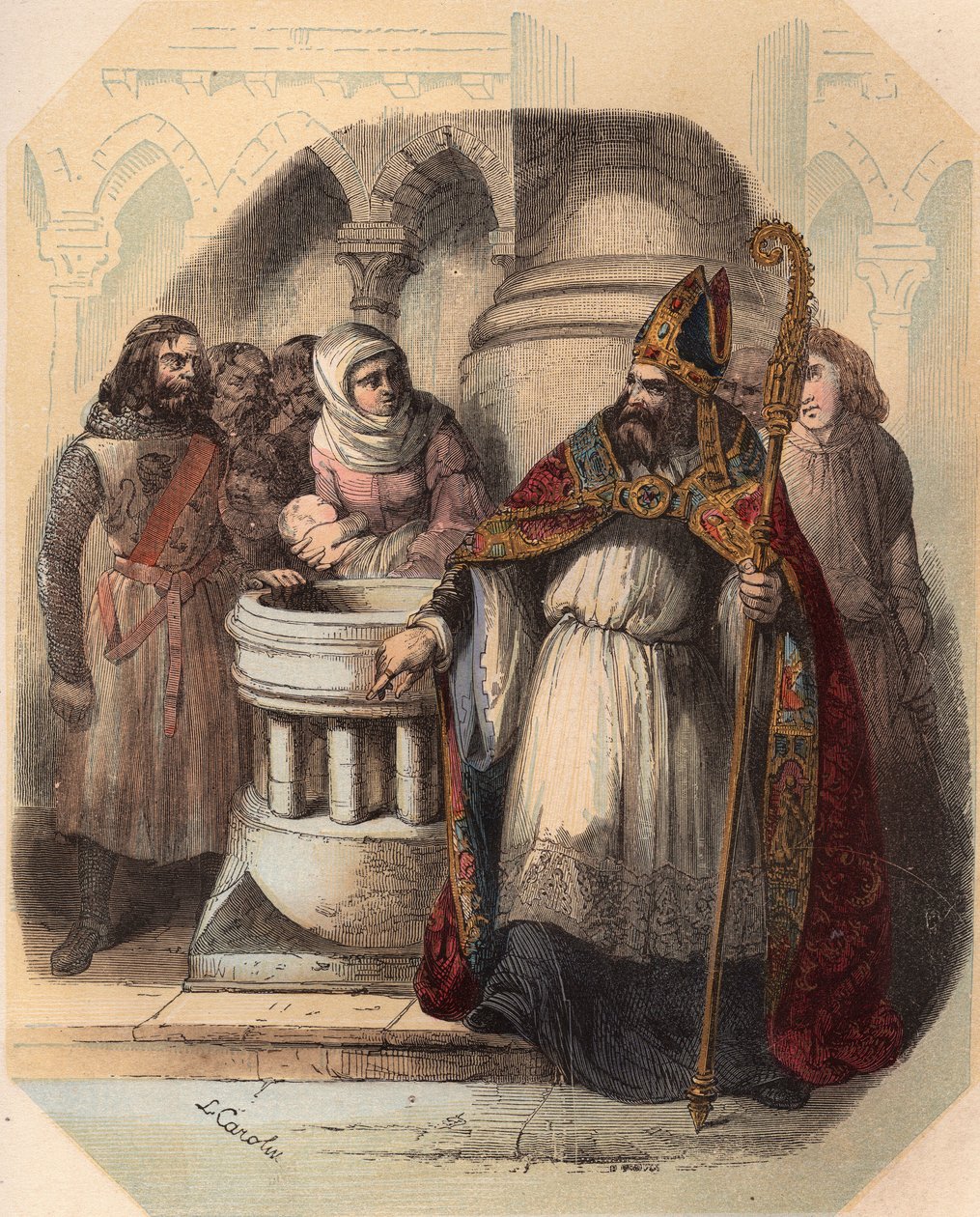 Notger (930-1008) (Notker van Luik), bisschop van Luik, tijdens de doop van Otto III (980-1002), Koning van Duitsland. Gravure uit 1868 in 