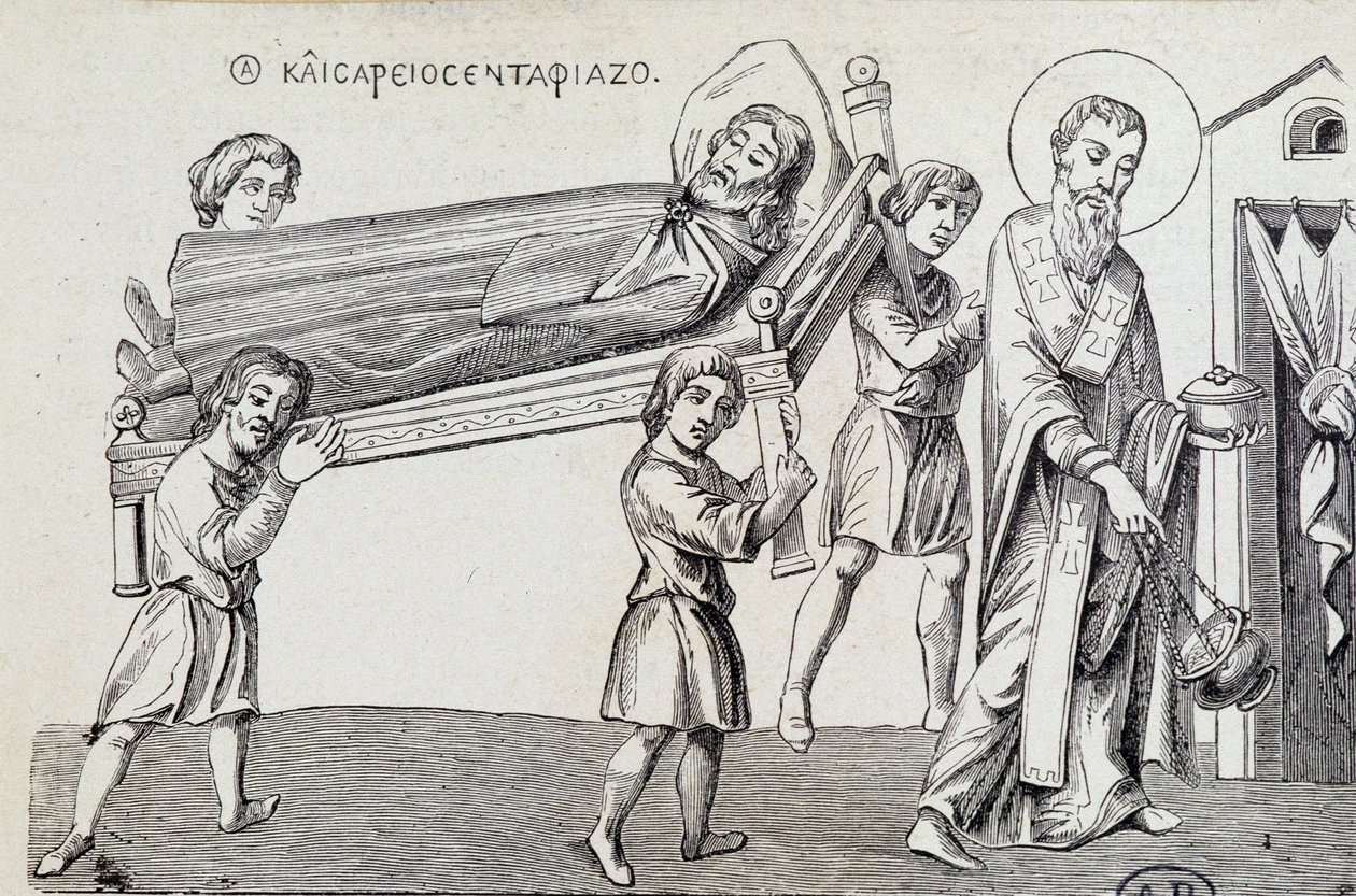 Begrafenis van Sint Cesaire door zijn broer Sint Gregoire, uit een 9e-eeuws Grieks document door Unknown artist