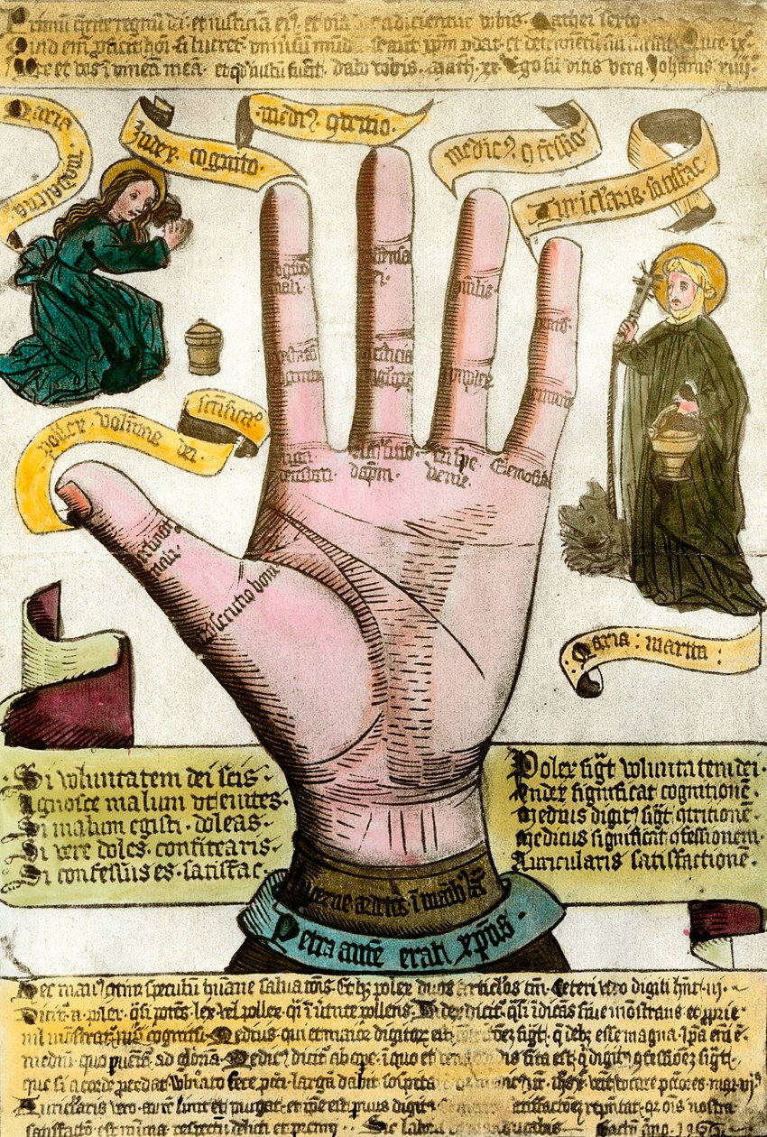Occulte wetenschappen: de hand met zijn lijnen om de toekomst te lezen. Plaat getekend uit een handleeskunde door Unknown artist