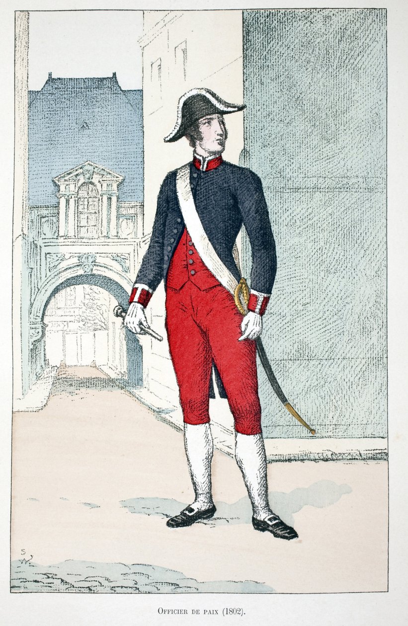 Vredesofficier (1802). Kleurgravure, ter illustratie van het boek Histoire du corps des gardiens de la paix, gepubliceerd onder auspiciën van Louis Lepine (1846-1933) prefect van politie van de Seine, door Alfred Rey (1864-?) en Louis Feron (1862-?). door Unknown artist