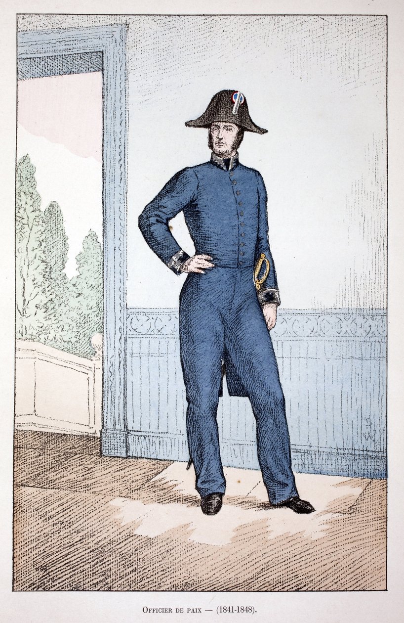 Vredesofficier (1841-1848). Kleurgravure, ter illustratie van het boek Histoire du corps des gardiens de la paix, gepubliceerd onder auspiciën van Louis Lepine (1846-1933) prefect van politie van de Seine, door Alfred Rey (1864-?) en Louis Feron (1862-?). door Unknown artist