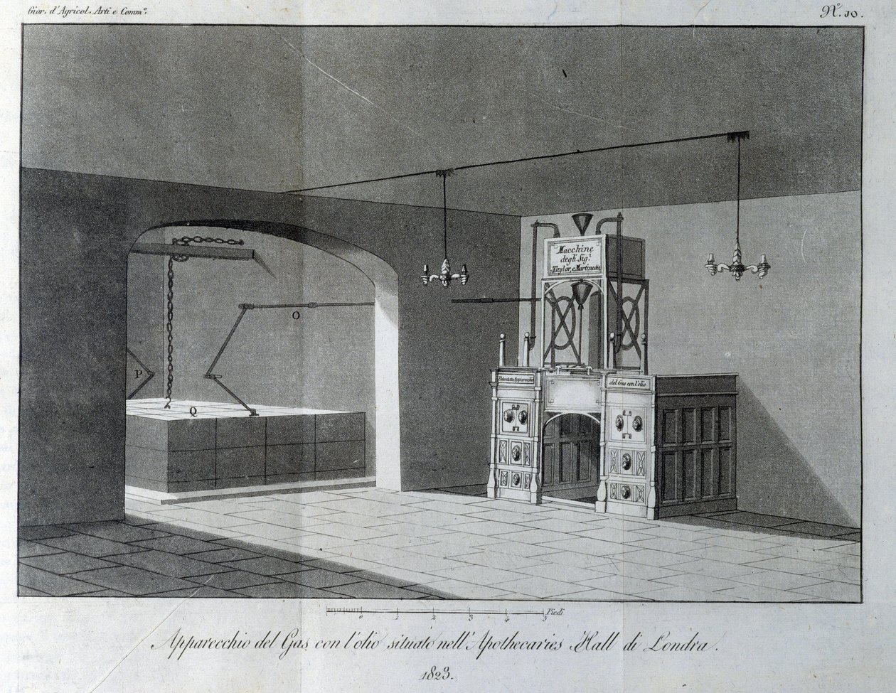 Oliegasapparaat in de Apothicaries Hall in Londen. Plaat uit 