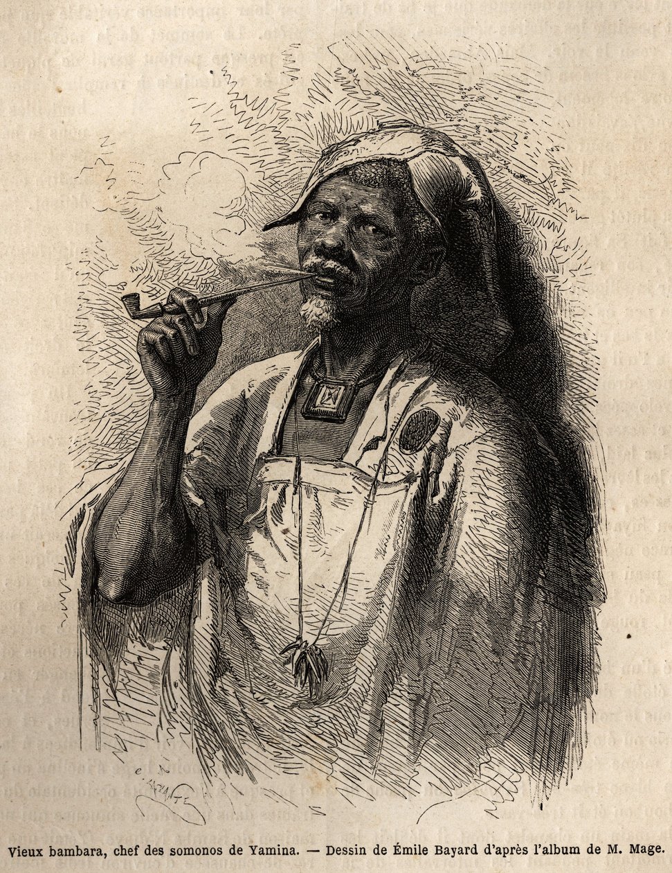 Oude Bambara, stamhoofd in Yamina (Niger) die de pijp rookt en de traditionele hoofddeksel van zijn stam draagt. Gravure ter illustratie van de reis naar West-Soedan van luitenant (marine) M. Mage, in 1863-1866, gepubliceerd in 