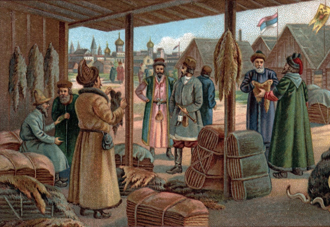 Oude winkelcentra: bontmarkt in Novgorod (Veliki Novgorod), Rusland in de 19e eeuw. Chromolithografie uit het einde van de 19e eeuw door Unknown artist